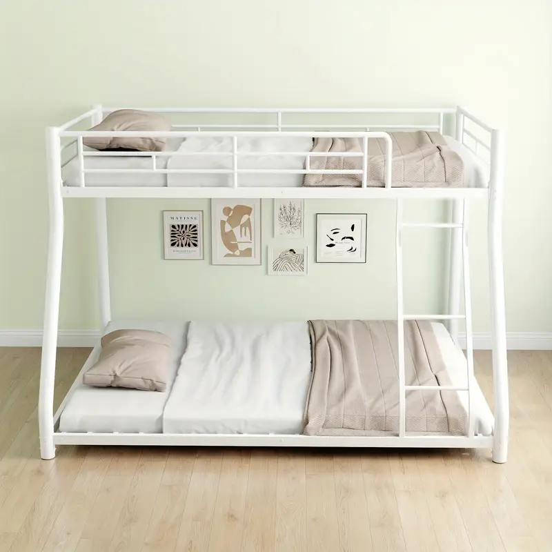 Heavy Duty White Metal Twin Over Full Bunk Bed With Ladder & Guardrail, No Box Spring Needed, 77" Bunk Bed Frame For Teens Adults Dorm Bedroom Guest Room