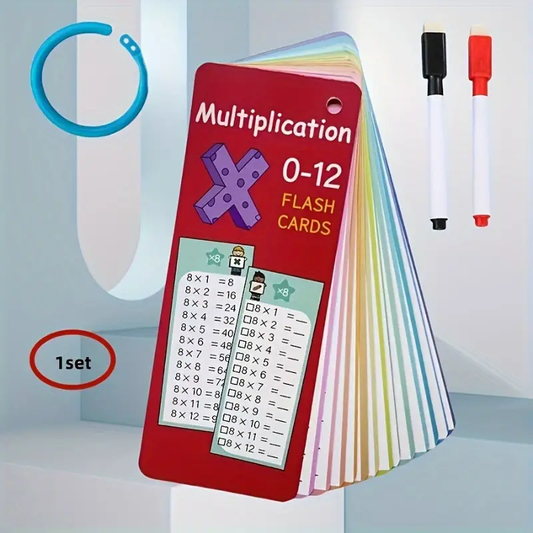 A Set of 14 Multiplication Flashcards Featuring Self-Checking And Scoring Functions - Includes a Storage Ring And Dry-Erase Markers - Perfect for Classroom And Home Learning, an Ideal Gift for Students.