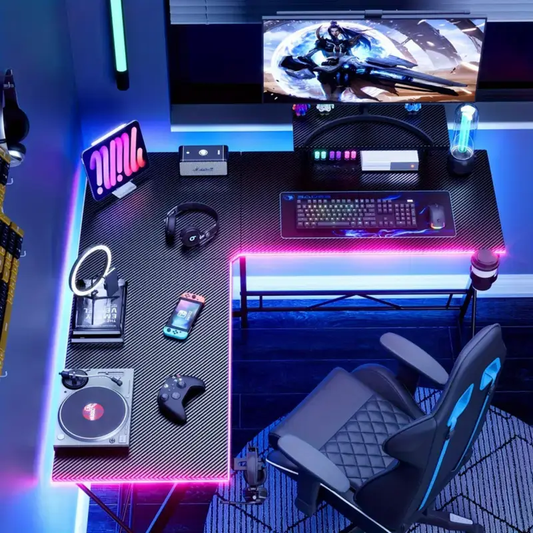 50.8x50.8x29.5 Inch Black Gaming Table L-Shaped Desk with Removable Display Rack Corner Computer Table Versatile Home Office Desks with Cup Holders Headphone Holders and Light Strip Carbon Fiber Surface 11.6 Sq Ft Desktop Area