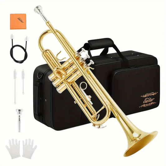 Eastar Bb Standard Trumpet Set - Beginner Trumpet Instrument with 7C Mouthpiece, Gloves, Hard Case, and Cleaning Kit, ETR-380, Golden