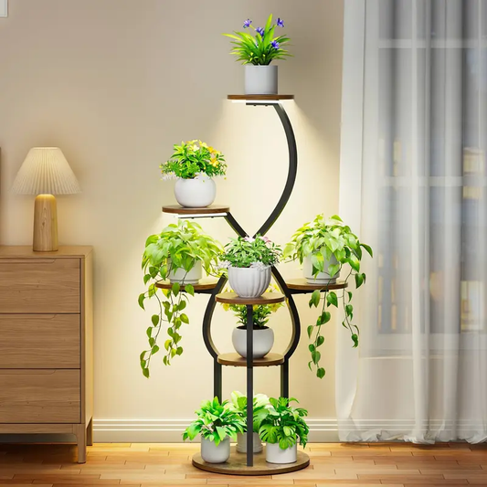 Indoor Plant Stand with Grow Light, 5-Tier 48-Inch Tall Metal Indoor Plant Shelf for Various Plants, Small Corner Display Rack Suitable for Living Room, Balcony, Patio, Hallway Decor, Brown