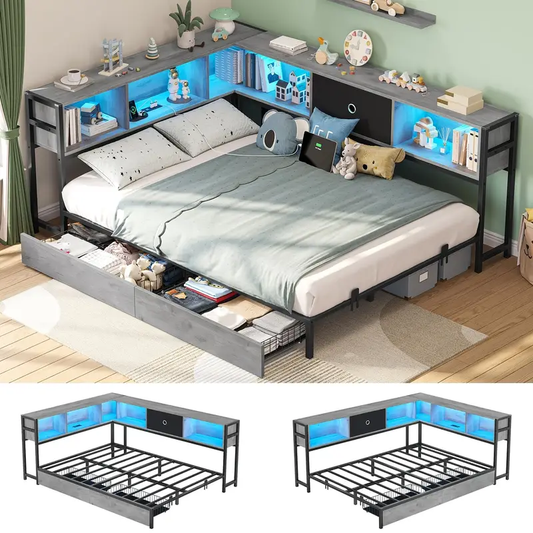 Modern Full Size Corner Bed Frame with Storage Bookcase Headboard, Underbed Charging Station (2 AC Outlets + 2 USB Ports), 2 Storage Drawers with Wheels, Smart RGB+White LED Lights