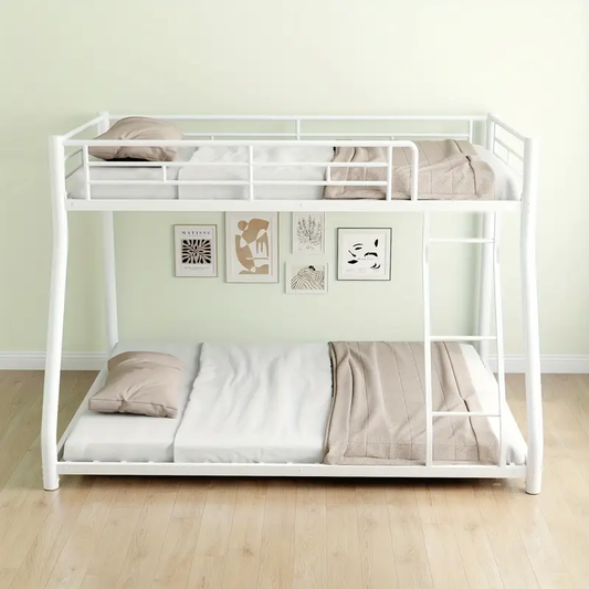 Heavy Duty White Metal Twin Over Full Bunk Bed With Ladder & Guardrail, No Box Spring Needed, 77" Bunk Bed Frame For Teens Adults Dorm Bedroom Guest Room